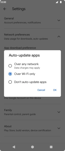 To turn on automatic update of apps using mobile network, press Over any network.