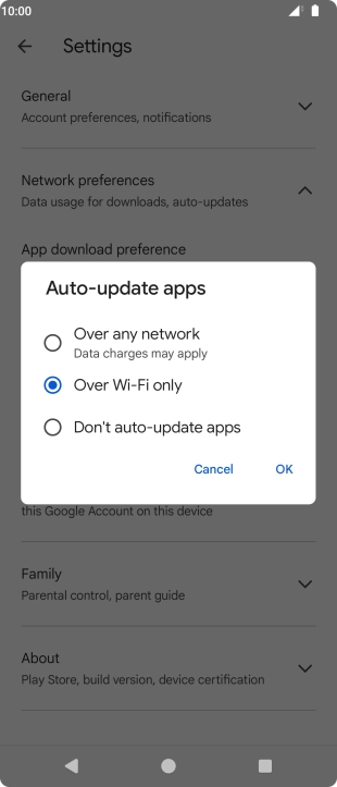 To turn on automatic update of apps using mobile network, press Over any network.