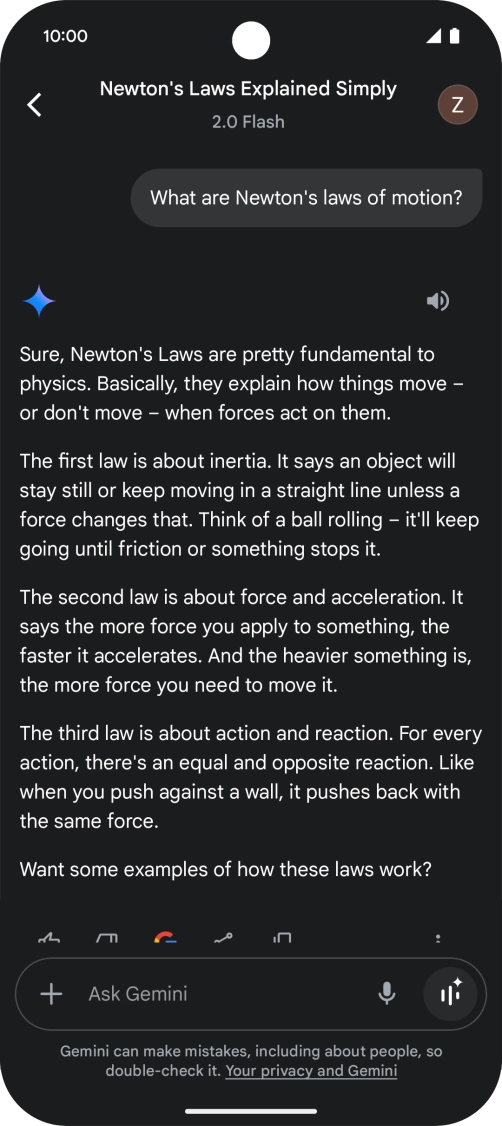 Transcription of the conversation with Gemini Live is now displayed.