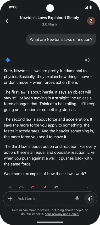 Transcription of the conversation with Gemini Live is now displayed.