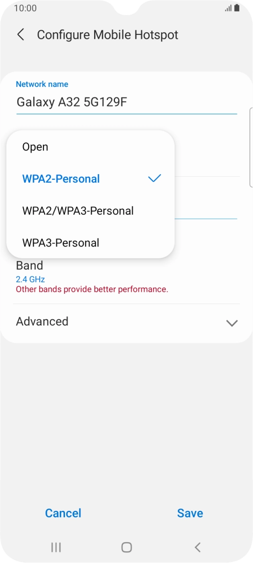 Press WPA2-Personal to password protect your Wi-Fi hotspot.