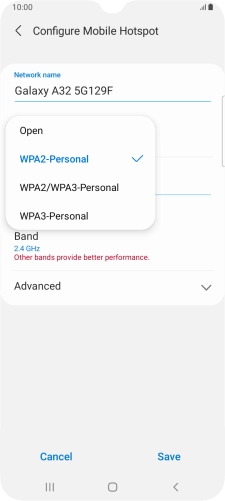 Press WPA2-Personal to password protect your Wi-Fi hotspot.