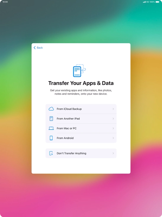You can transfer the contents of an Android device to your tablet when it's activated for the first time and after a factory reset. When this screen is displayed, your tablet is ready to transfer contents from an Android device.