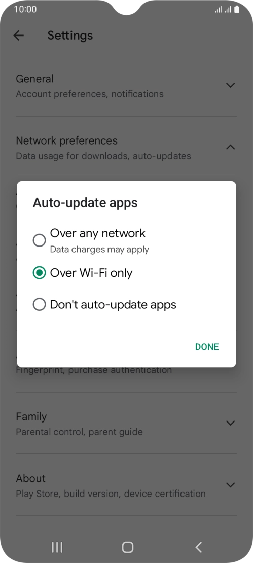 To turn on automatic update of apps using mobile network, press Over any network.