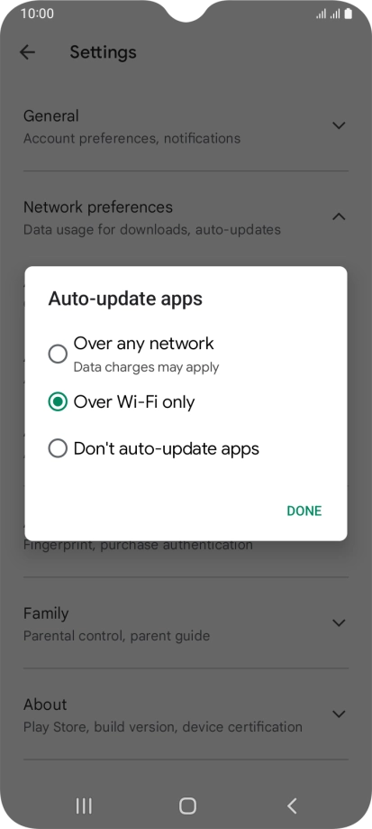 To turn on automatic update of apps using mobile network, press Over any network.
