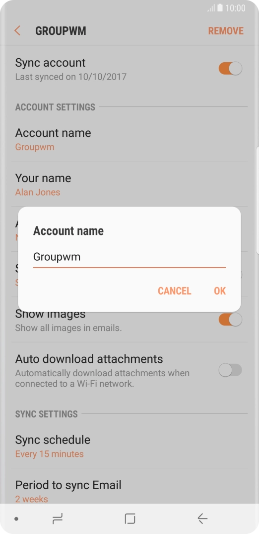 Key in the required name for the email account and press OK.