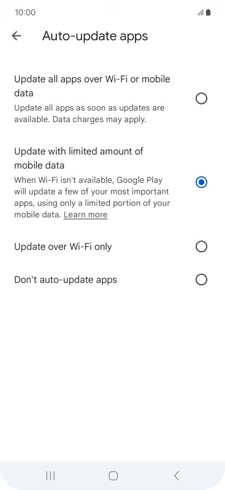 To turn on automatic update of apps using mobile network, press Update all apps over Wi-Fi or mobile data.