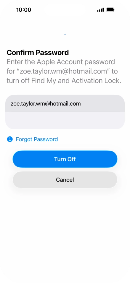 Key in the password for your Apple Account and press Turn Off. Wait a moment while the factory default settings are restored. Follow the instructions on the screen to set up your phone and prepare it for use.