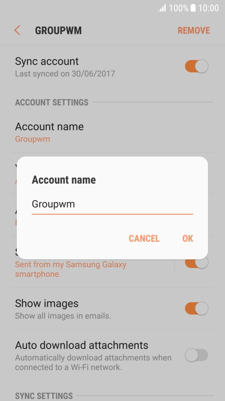 Key in the required name for the email account and press OK.