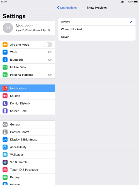 To select notification preview on the lock screen, press Always (Default).