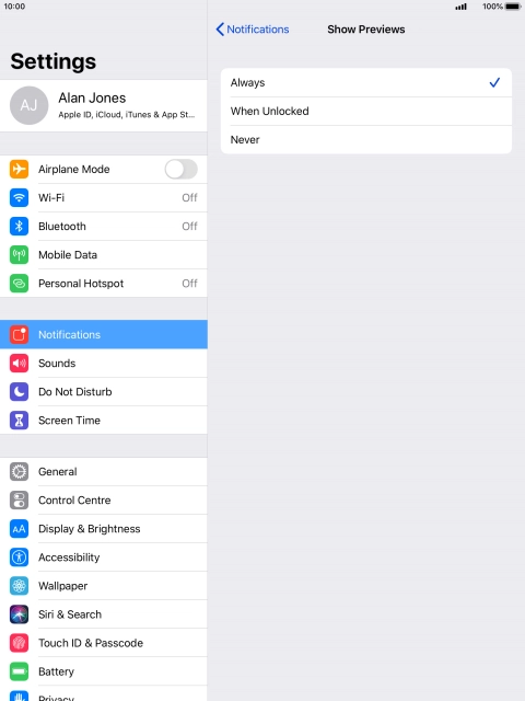 To select notification preview on the lock screen, press Always (Default).
