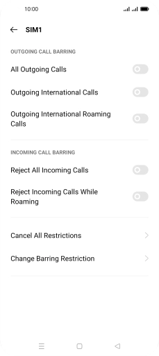 Press the indicator next to the required barring type to turn the function on or off.
