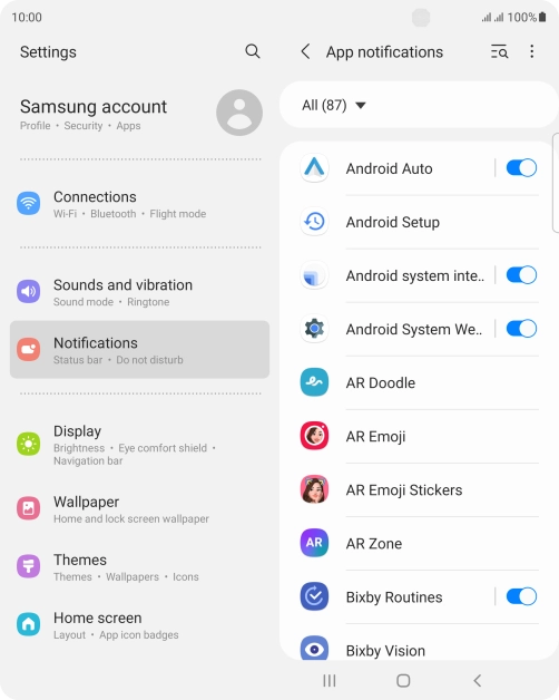 Press the indicators next to the required apps to turn the function on or off.