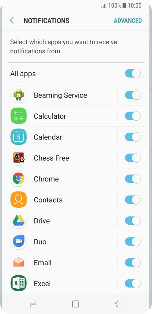 Press the indicator next to the required app to turn the function on or off.