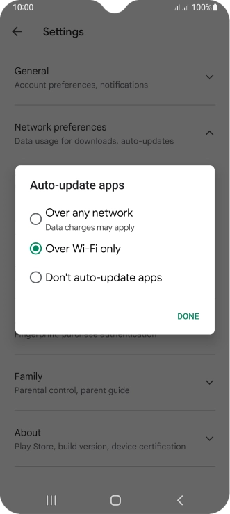 To turn on automatic update of apps using mobile network, press Over any network.