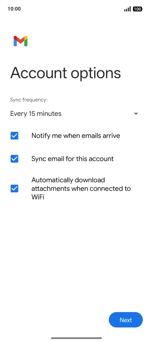 If this screen is displayed, you email account has been recognised and set up automatically. Follow the instructions on the screen to key in more information and finish setting up your phone.