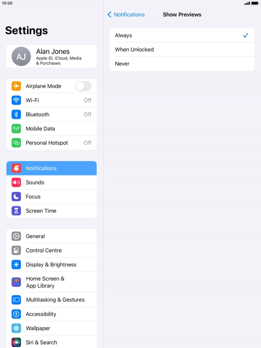 To select notification preview on the lock screen, press Always.