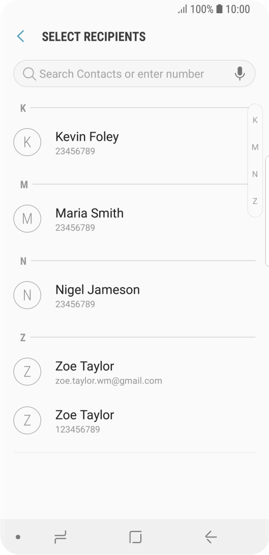 Press the search field and key in the first letters of the recipient's name.