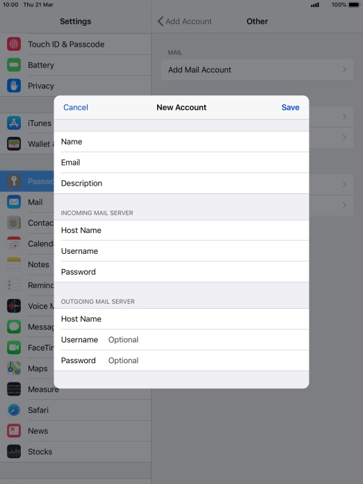 Press Username and key in the username for your email account.