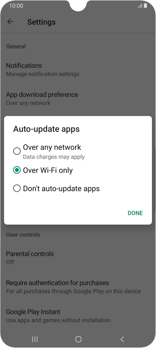 To turn on automatic update of apps using mobile network, press Over any network.