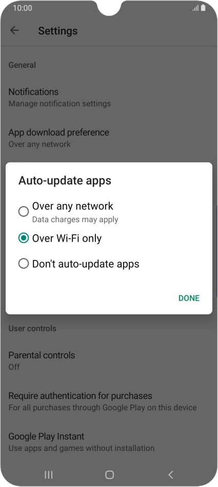 To turn on automatic update of apps using mobile network, press Over any network.