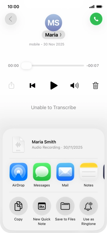 Press the required setting and follow the instructions on the screen to share or save the message.