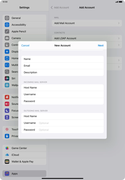 Press Username and key in the username for your email account.