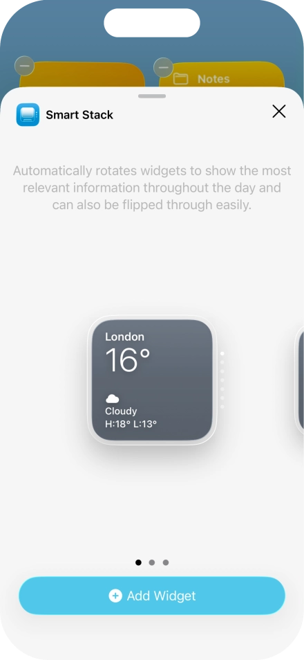 Slide your finger right or left on the screen to select the required widget size.