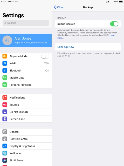 Press Back Up Now and wait while the tablet memory is backed up.