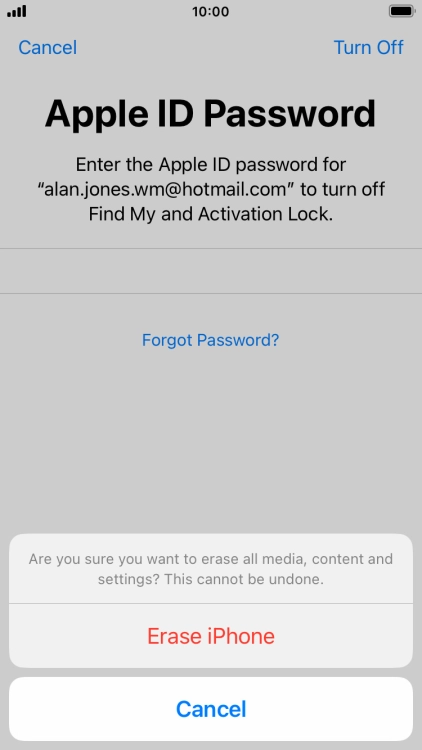 Key in the password for your Apple ID and press Erase iPhone. Wait a moment while the factory default settings are restored. Follow the instructions on the screen to set up your phone and prepare it for use.