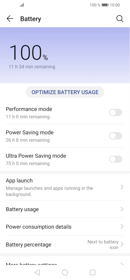Press the indicator next to the required power mode to turn on the function.