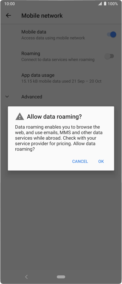 If you turn on data roaming, press OK.