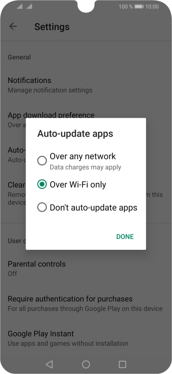 To turn on automatic update of apps using mobile network, press Over any network.