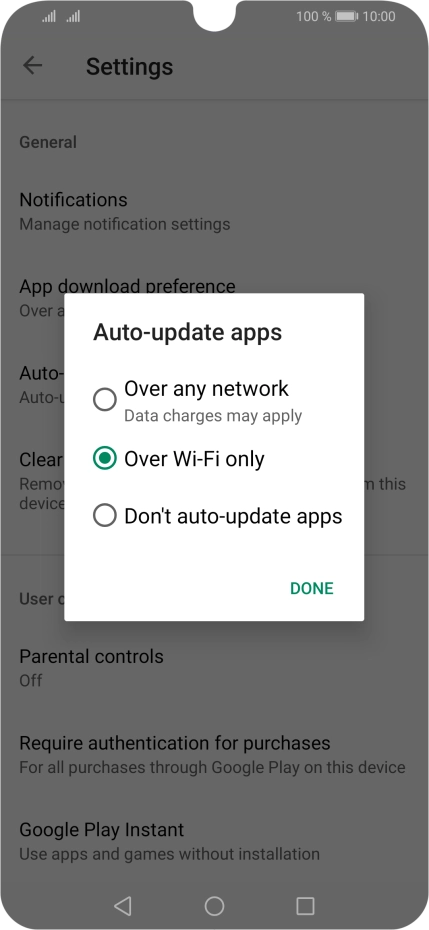 To turn on automatic update of apps using mobile network, press Over any network.