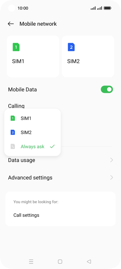 Press the required setting.