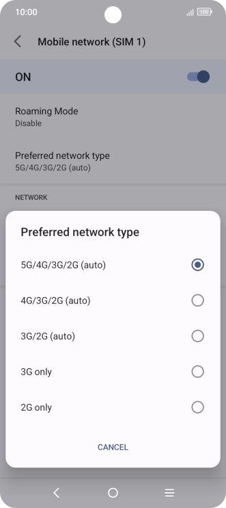 Press the required network mode.