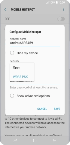 Press WPA2 PSK to password protect your Wi-Fi hotspot.