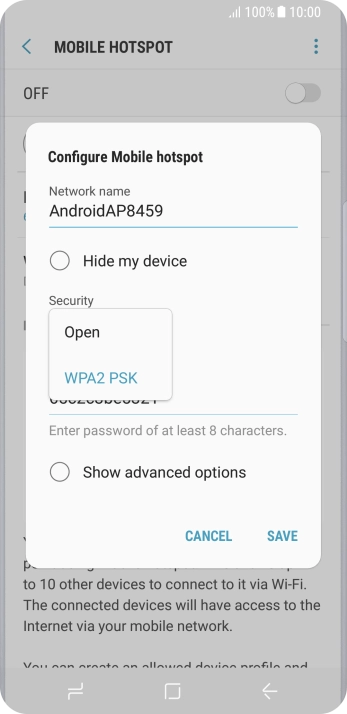 Press WPA2 PSK to password protect your Wi-Fi hotspot.