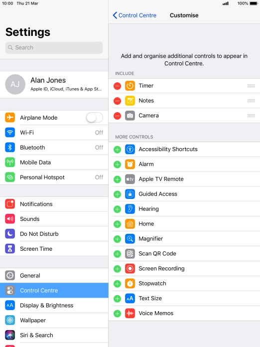 Press the delete icon next to the required function to remove it from Control Centre.