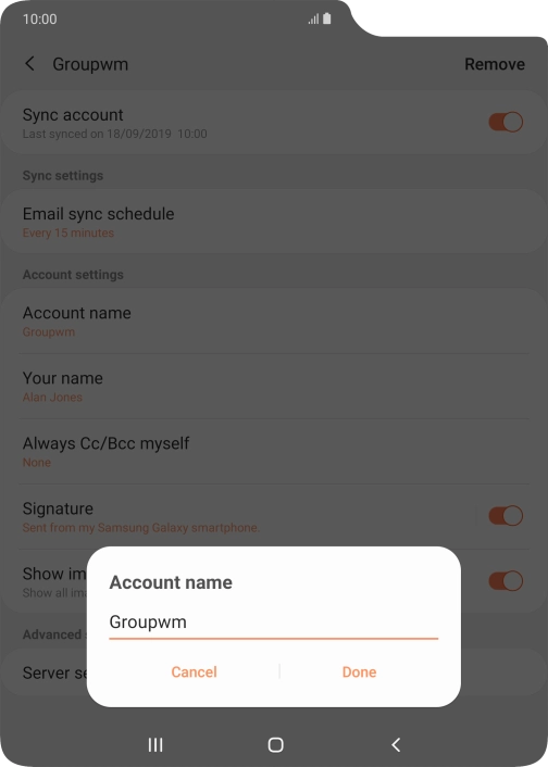 Key in the required name for the email account and press Done.