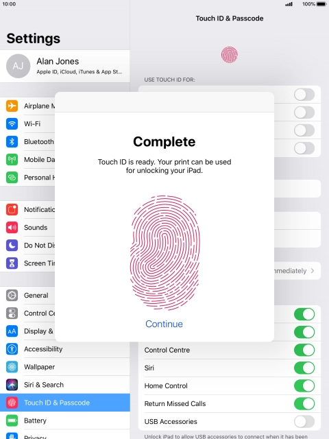 Press Continue. If you haven't previously selected a lock code, key in a code of your own choice twice.