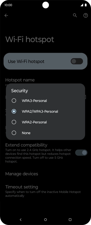 Press WPA3-Personal to password protect your Wi-Fi hotspot.