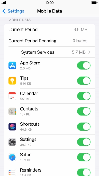 Press the indicators next to the required applications to turn the function on or off.