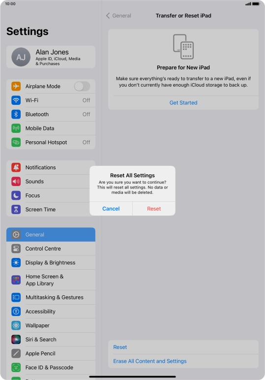 Press Reset. Wait a moment while the factory default settings are restored. Follow the instructions on the screen to set up your tablet and prepare it for use.