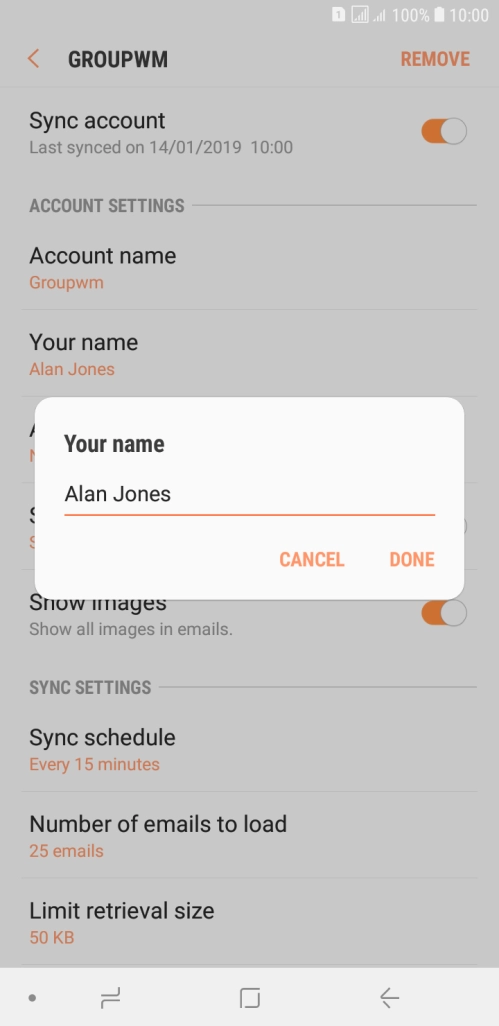 Key in the required sender name and press DONE.