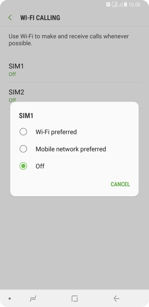 Press the required setting.