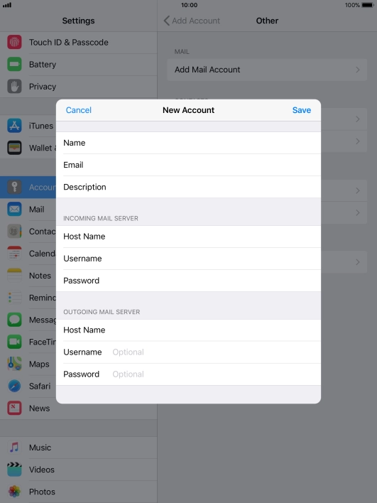 Press Username and key in the username for your email account.