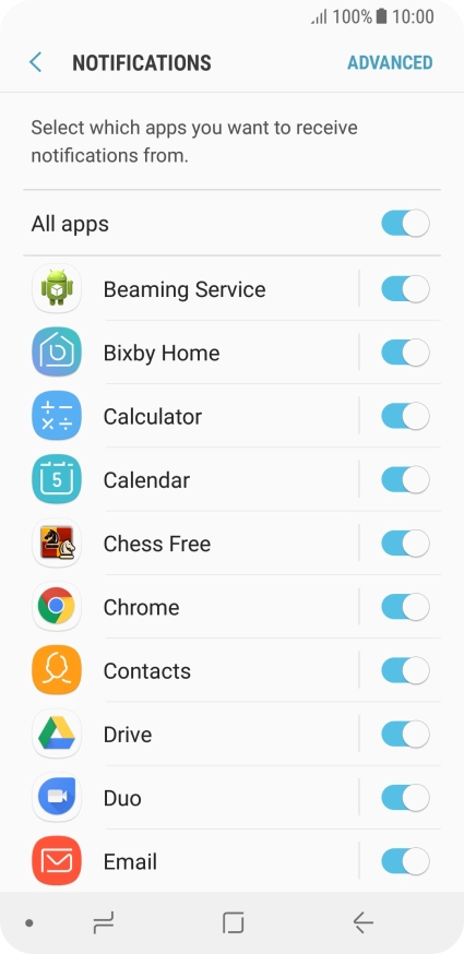 Press the indicator next to the required app to turn the function on or off.