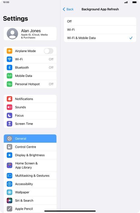 To turn off background refresh of apps, press Off.
