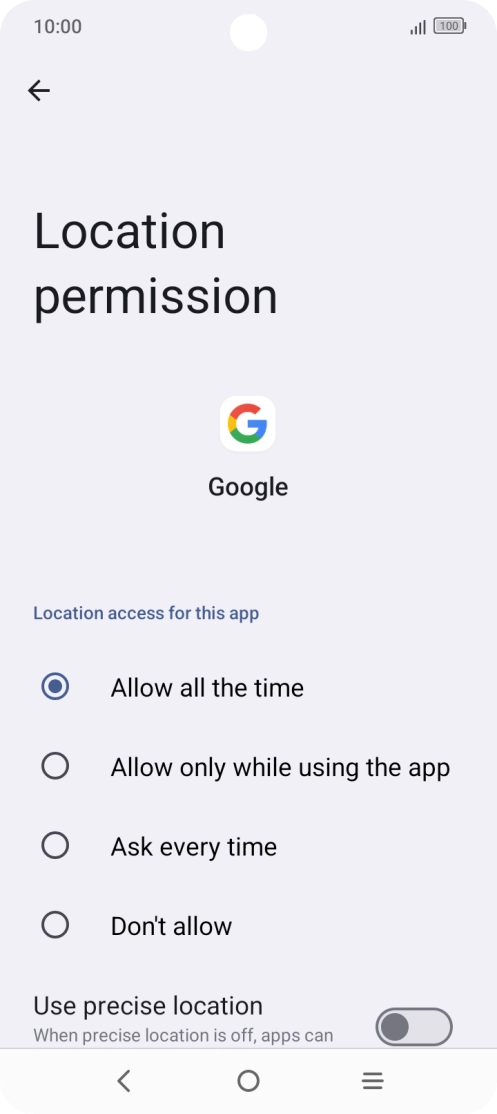 Press the required setting.